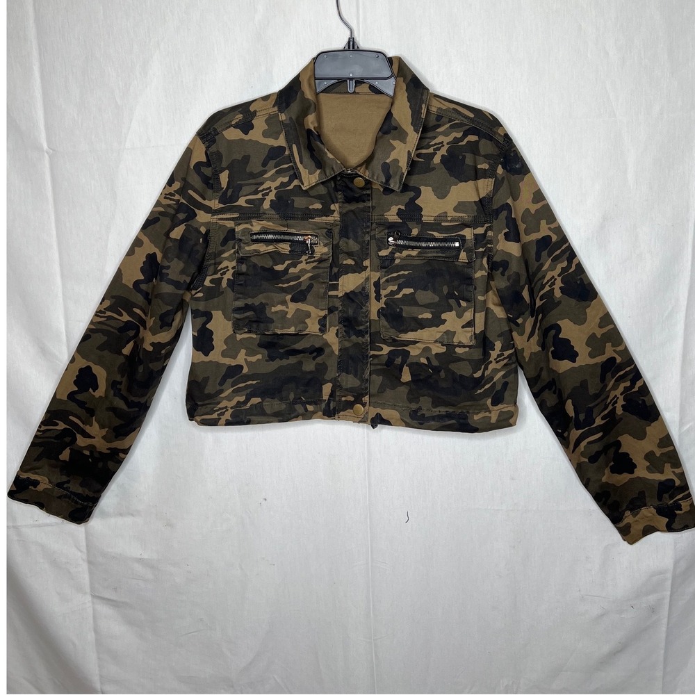 Fashion Nova Womens Cropped Camo Jacket Green Brown Utility Military Size Large - Picture 3 of 4